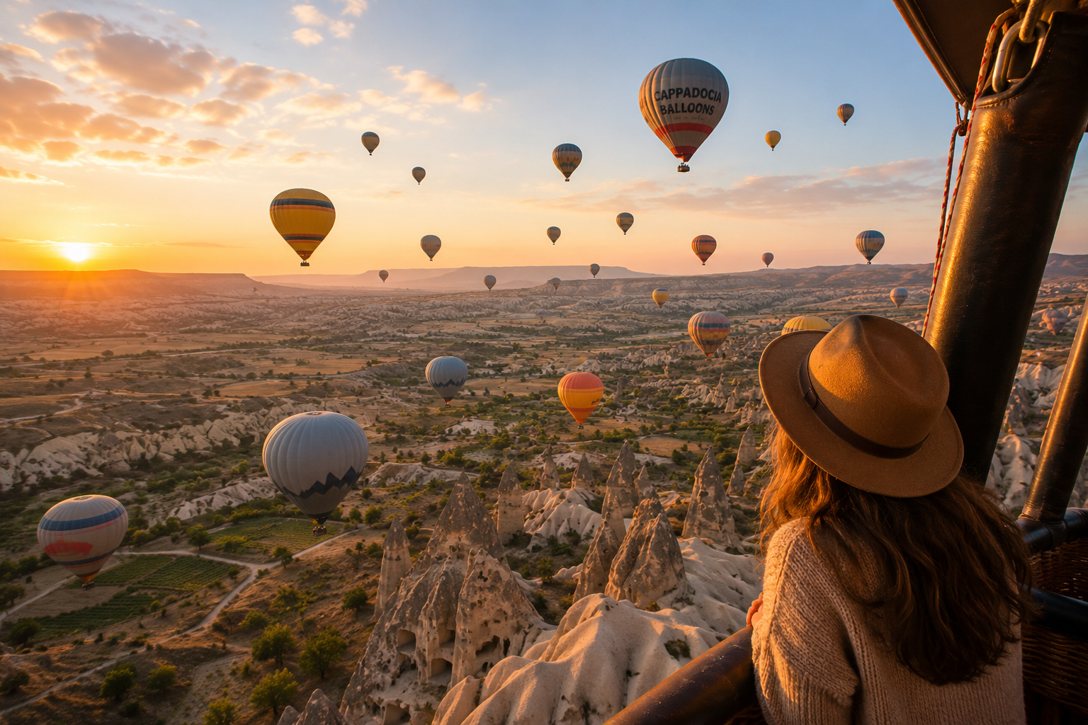 Heißluftballons über den Feenkaminen von Kappadokien bei Sonnenaufgang